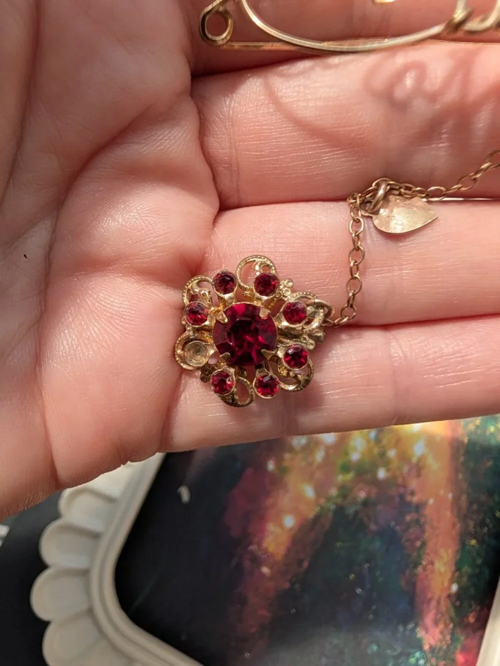 1930's 1940's Mother Wire Brooch & Red Rhinestone Flower Chatelain Brooch